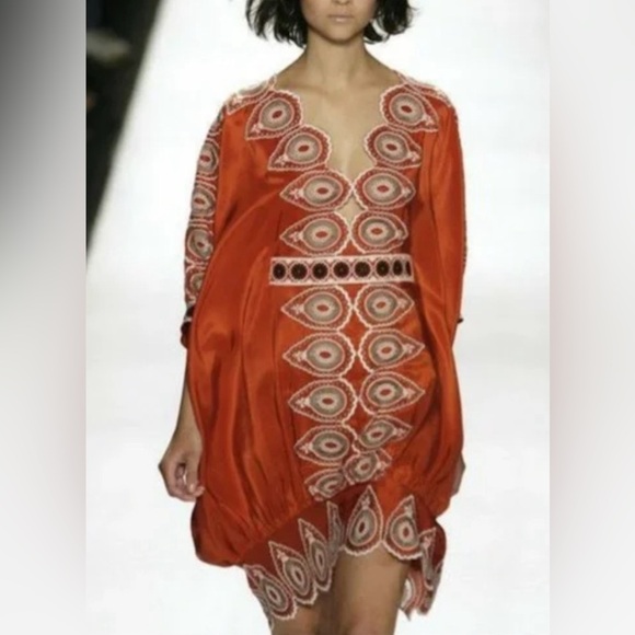 BCBGMaxazria Runway Collection 100% silk rust embroidered mini dress fall tie - Picture 1 of 6